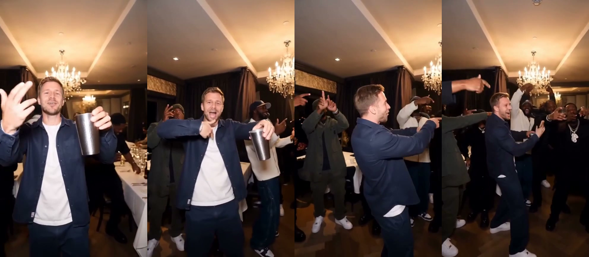 Four frames of a man in a navy overshirt in a chandelier-lit party room, from a video made with the one-sentence prompt