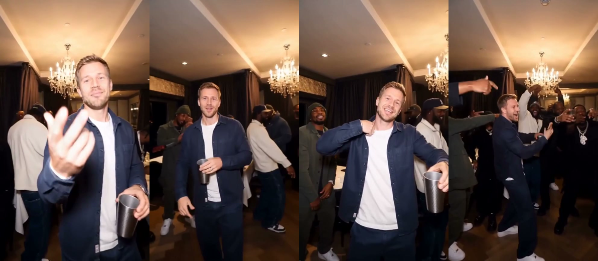 Four frames from a video made with this generator: a man in a navy overshirt holding a steel cup in a chandelier-lit party room