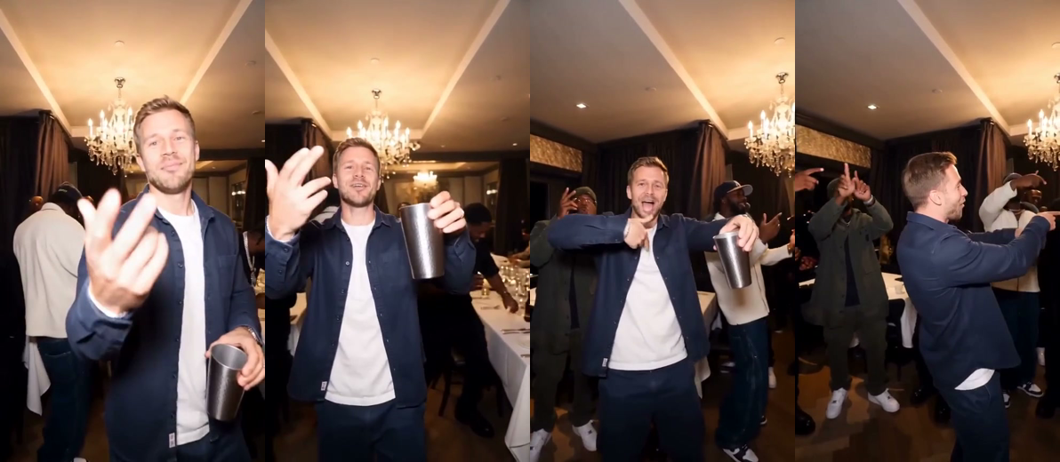 Four frames from a video made with this generator: a man in a navy overshirt in a chandelier-lit party room